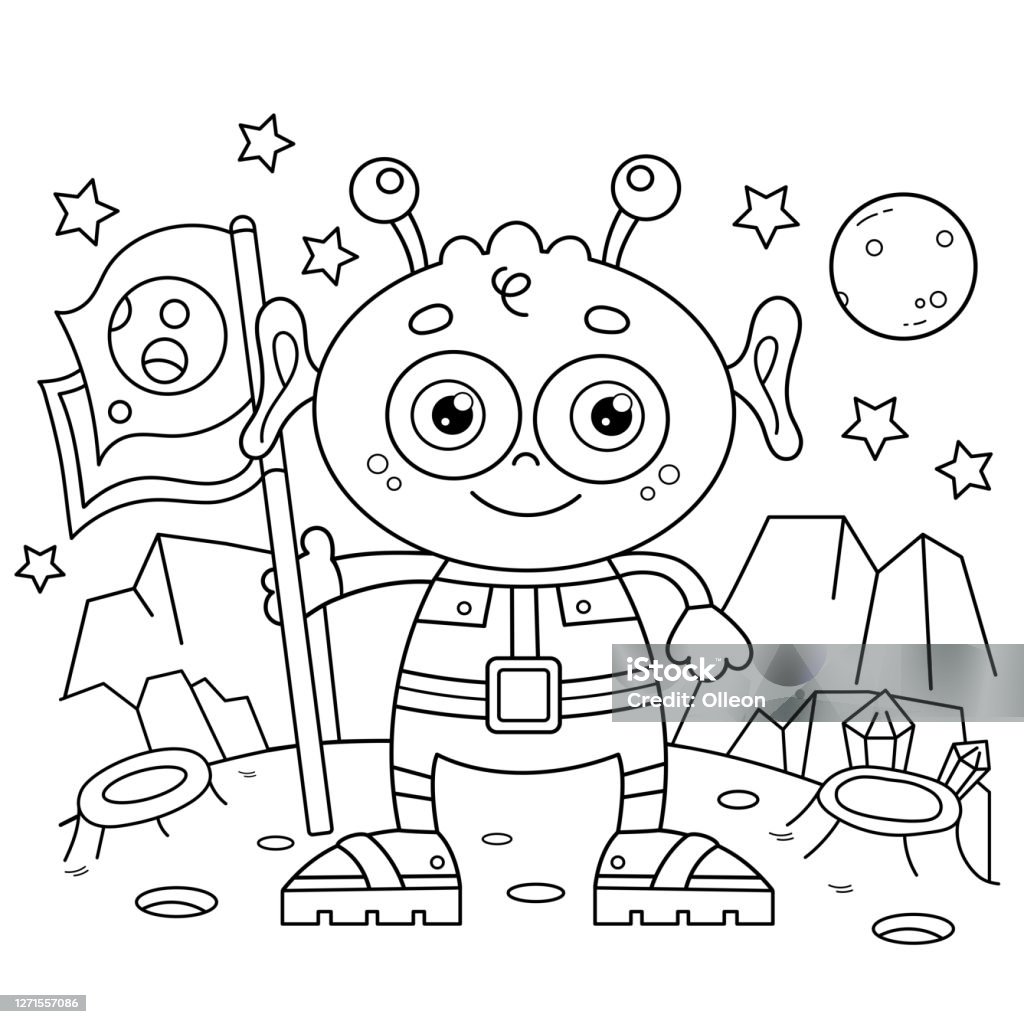 Coloring page outline of a cartoon little alien with flag on planet space coloring book for kids stock illustration