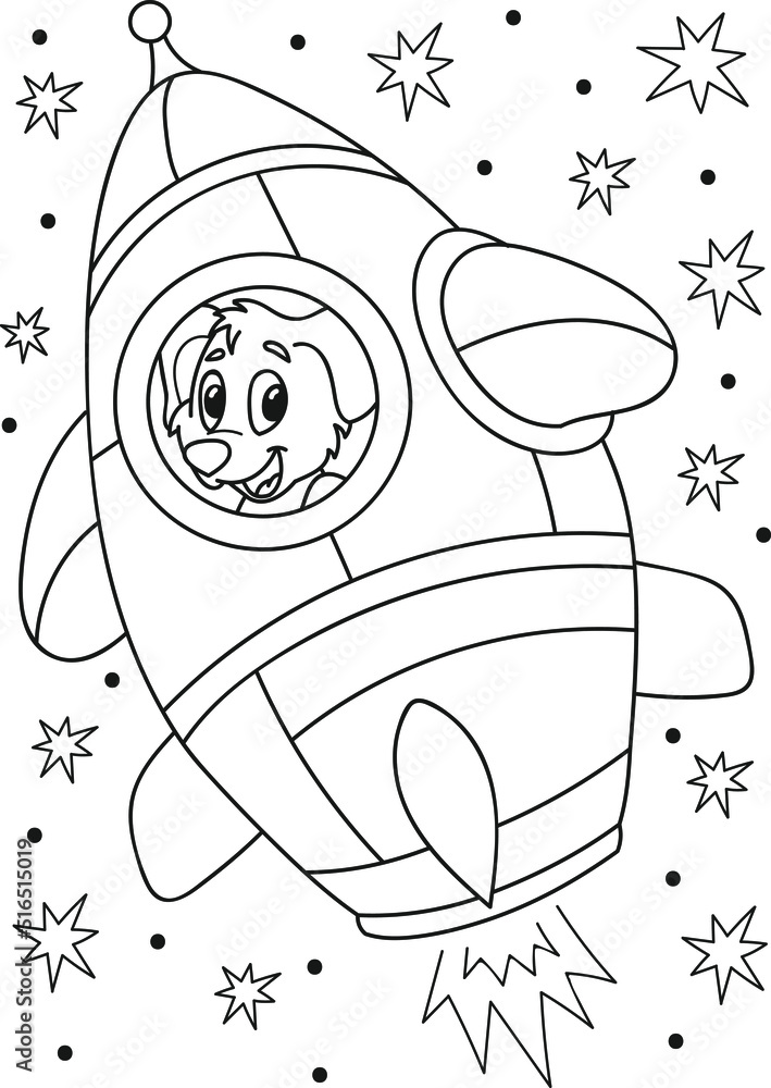 Coloring page outline of cartoon smiling cute little dog in the rocket colorful vector illustration space coloring book for kids vector