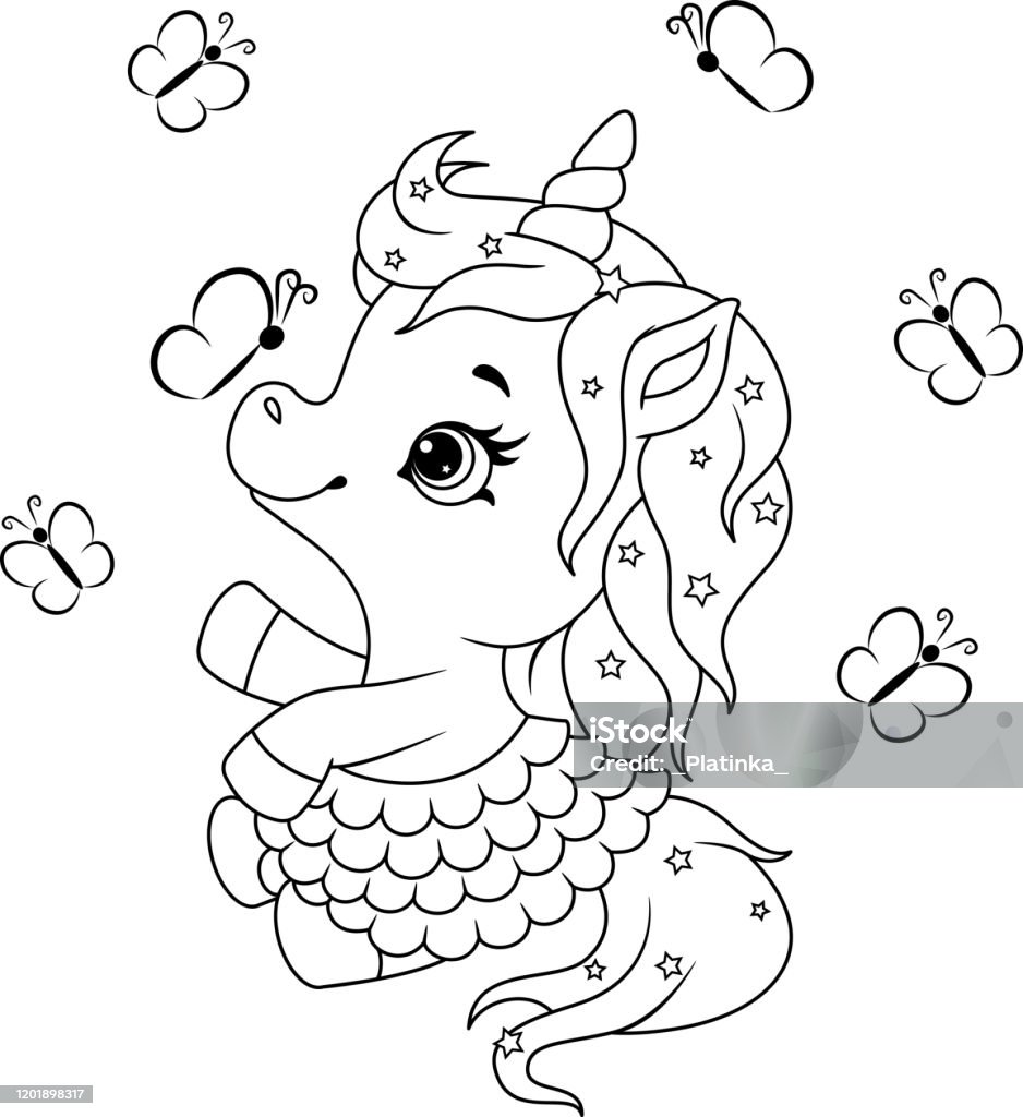 Cute little unicorn with butterflies coloring page stock illustration