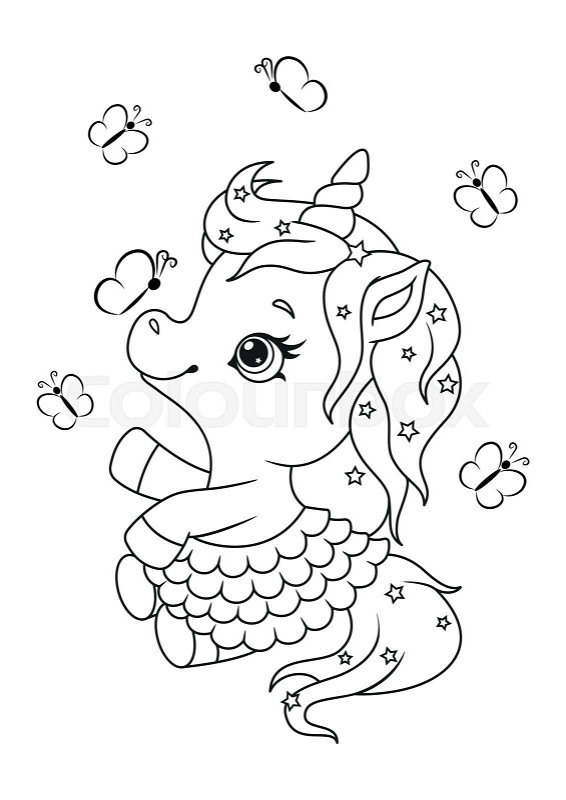Cute little unicorn with butterflies coloring page black and white cartoon illustration stock vector
