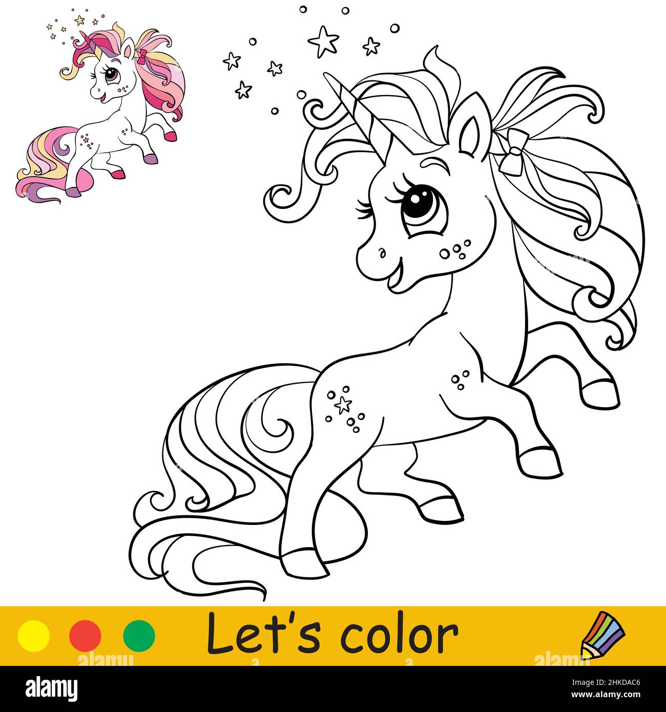 Cute and funny little unicorn pink long mane coloring book page with color template vector cartoon illustration for kids coloring card print des stock vector image art