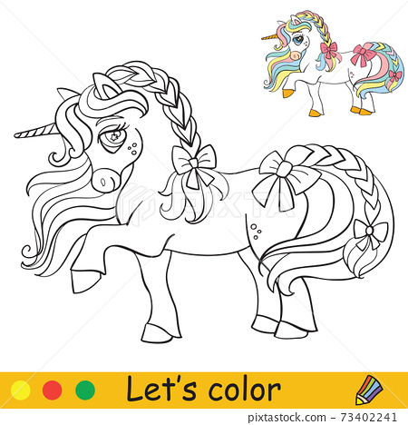 Cute little unicorn with ribbons coloring vector