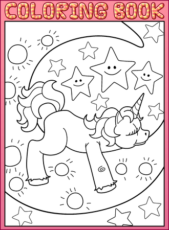 Coloring book page cute little unicorn on the moon