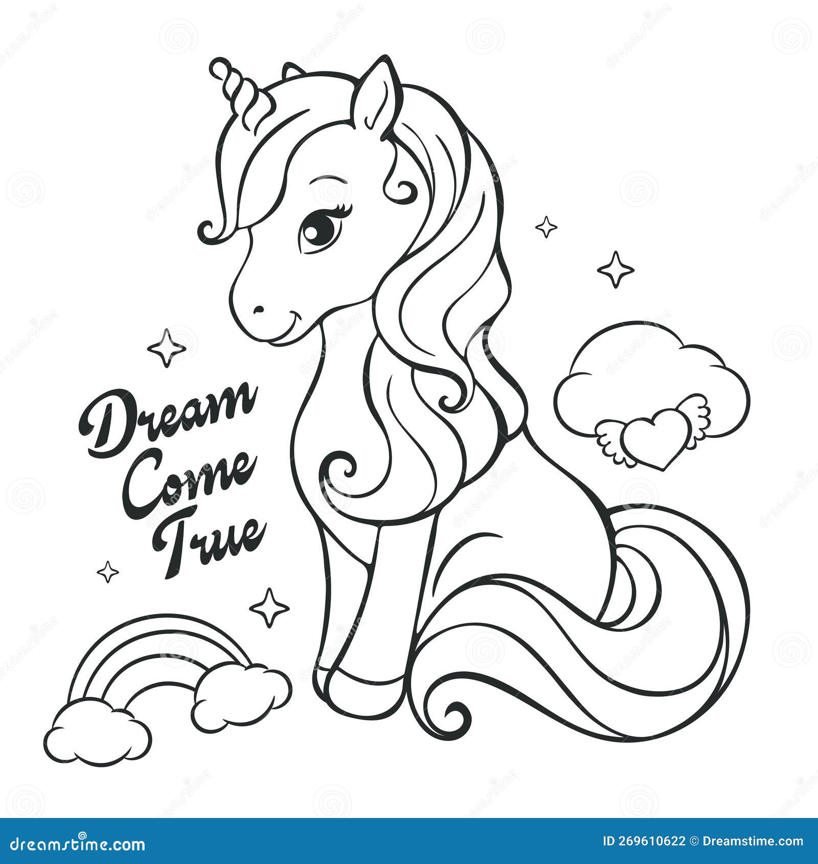 Art coloring page beautiful little unicorn on a white background print for clothes and t