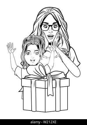 Woman and girl with gift box in black and white pop art stock vector image art