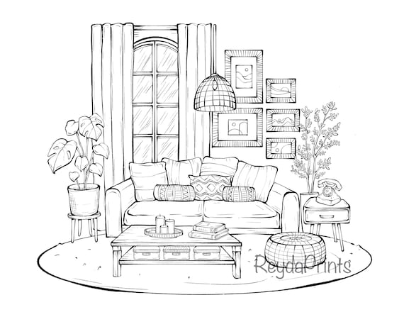 Cozy interior coloring printables boho vintage room house living room procreate letter size by reydaprints