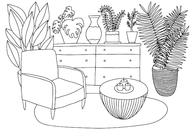 Premium vector living room interior coloring page cozy vector interior design living room coloring page for children and adults