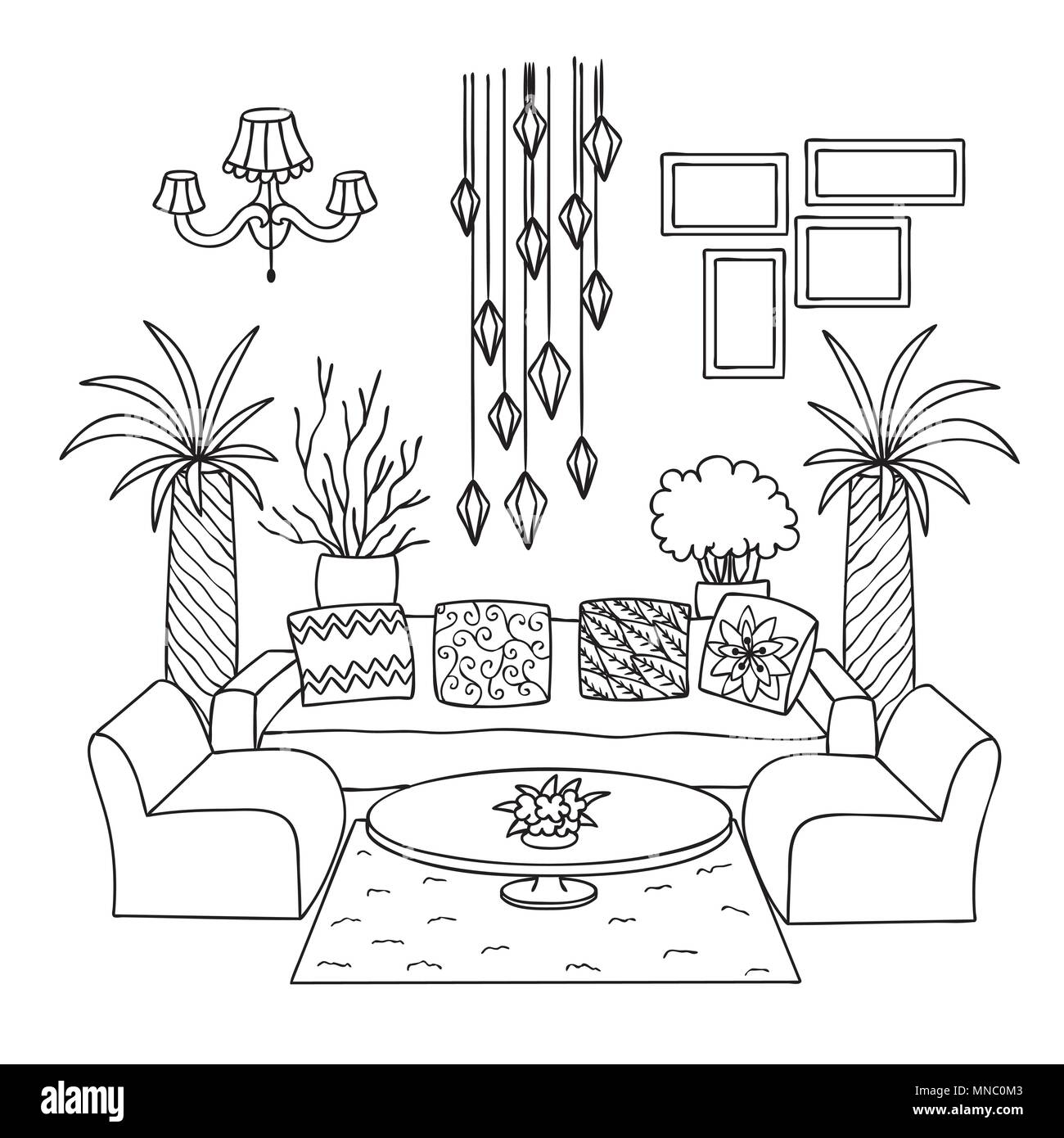 Hand drawn living room for design element and coloring book page vector illustration stock vector image art