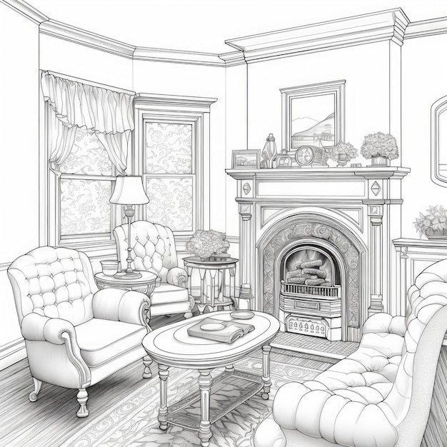 Premium ai image charming victorian living room a cozy coloring page with black line art on a white background