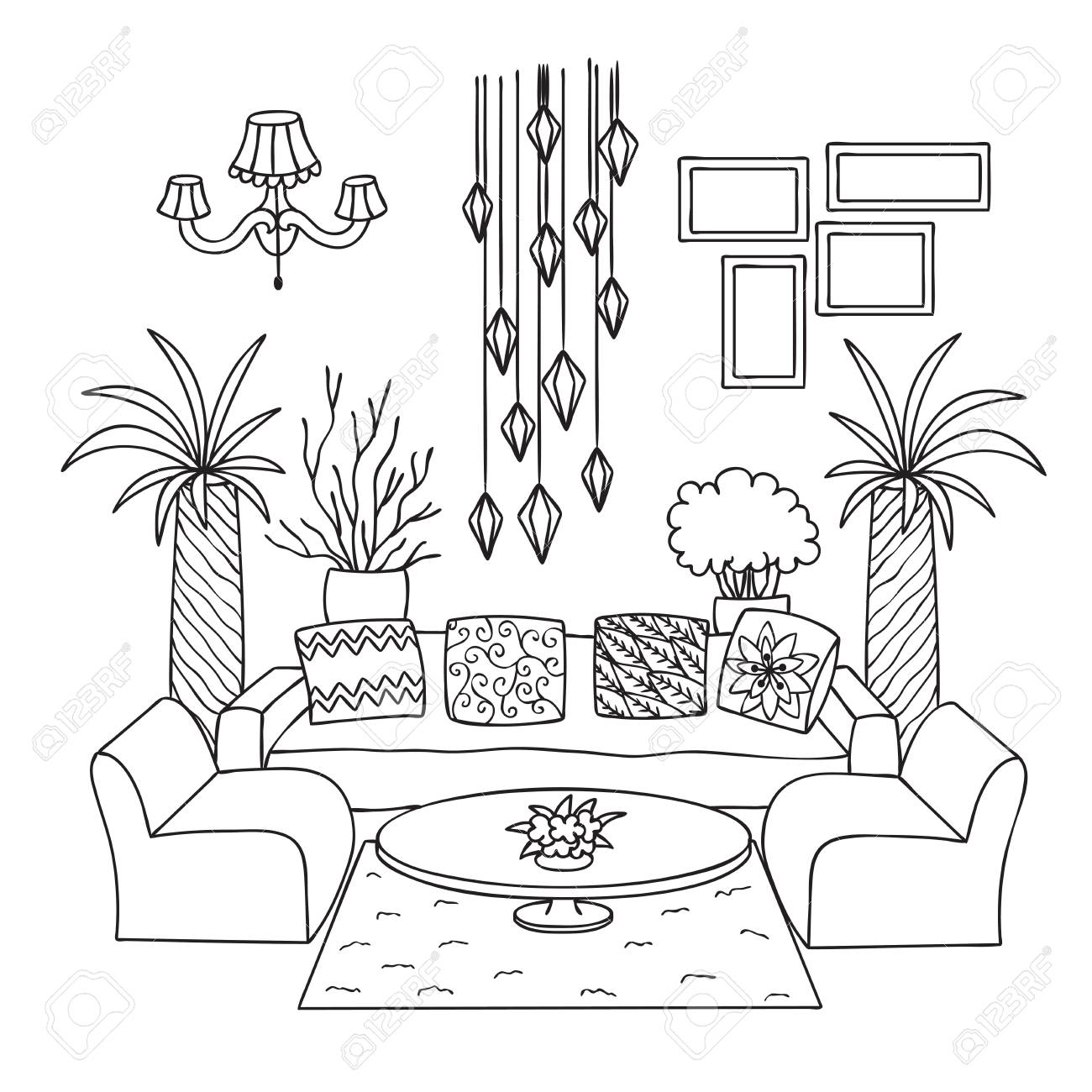 Hand drawn living room for design element and coloring book page vector illustration royalty free svg cliparts vectors and stock illustration image