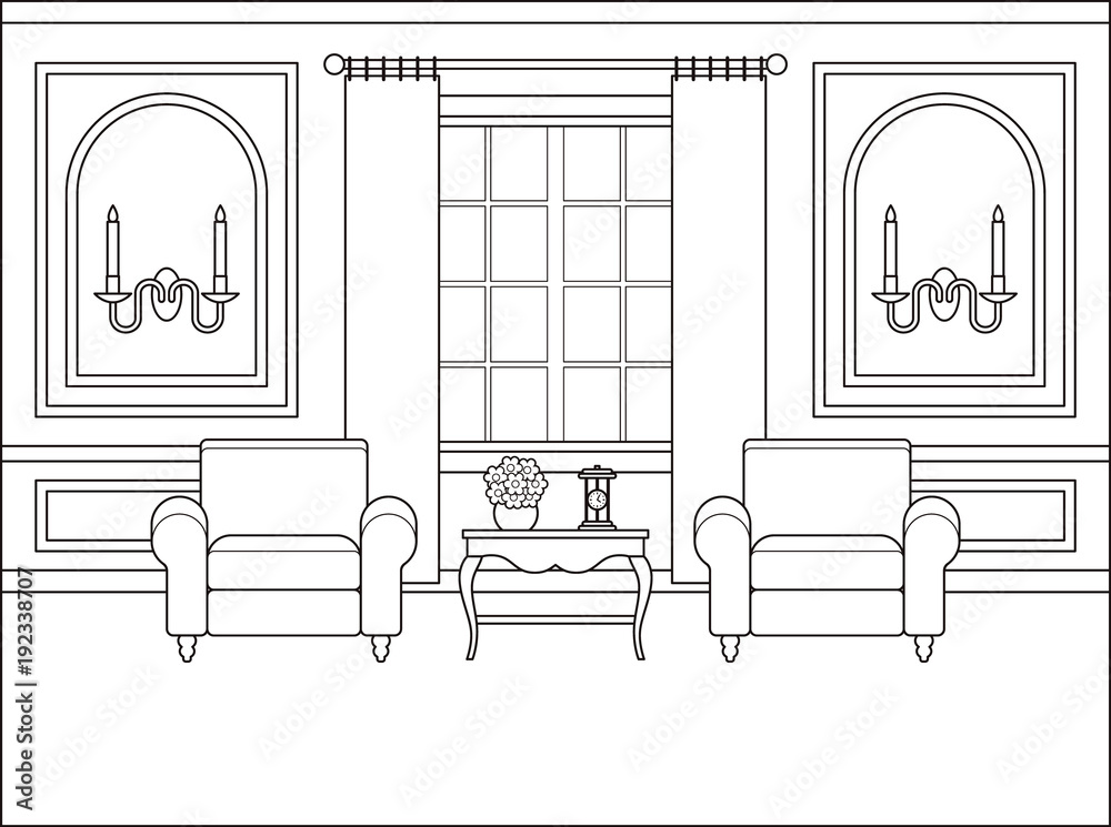 Room interior vector outline living room coloring page black white sketch in classic style home space furniture in flat design linear contour background cartoon illustration in line art vector