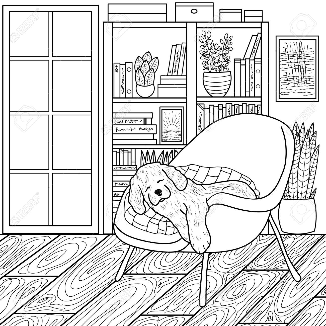 Dog coloring page room coloring interior vector illustration royalty free svg cliparts vectors and stock illustration image