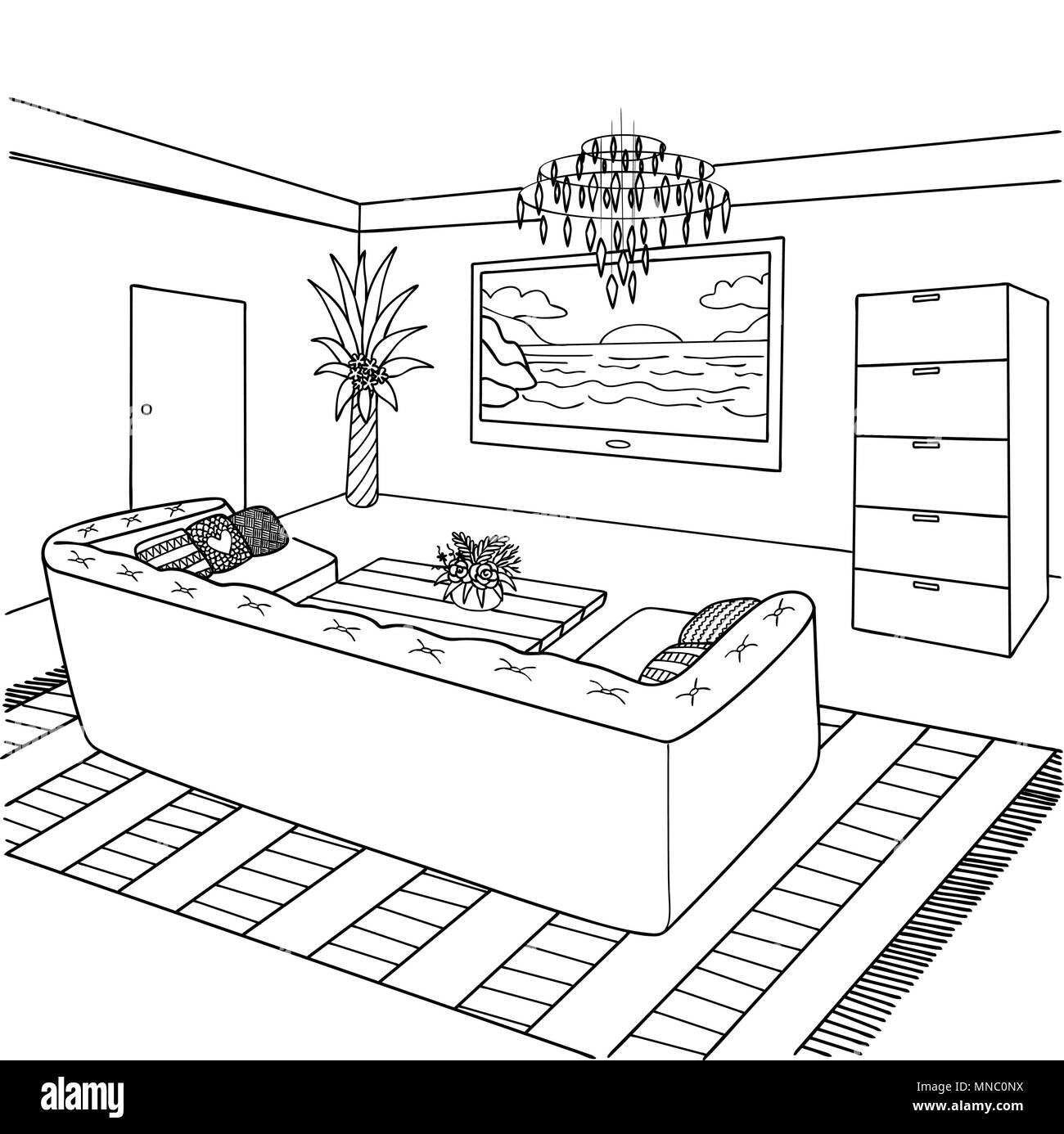 Hand drawn living room for design element and coloring book page for kids and adultvector illustration stock vector image art