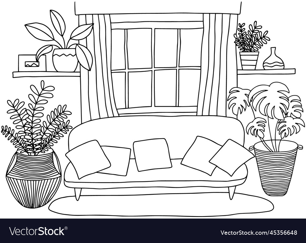 Cozy living room coloring page royalty free vector image