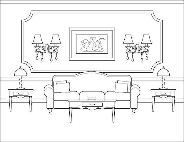 Premium vector room interior linear living room coloring page black white sketch in classic style home space