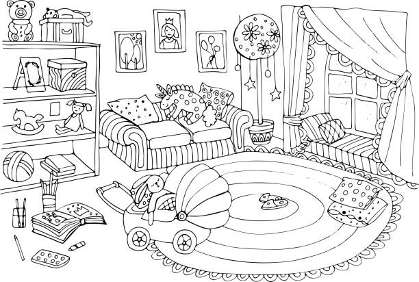 Coloring book with the interior of a childs room of a girl stock illustration