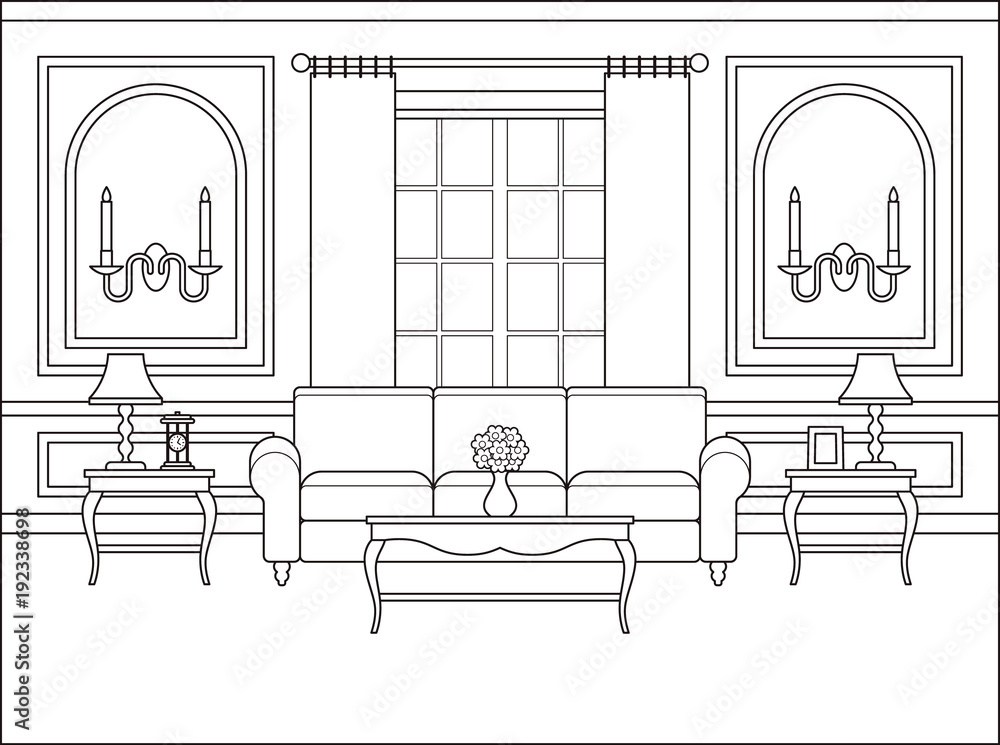 Room interior vector linear living room coloring page black white sketch in classic style with window home space in flat design outline contour background cartoon illustration in line art vector