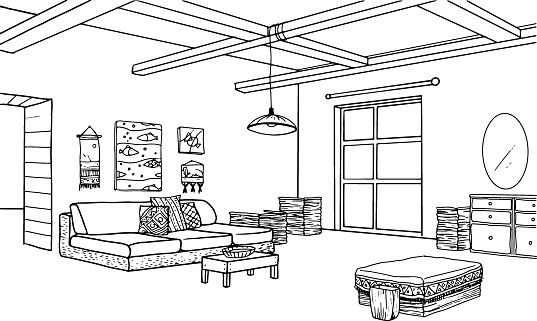 Coloring book home interior coloring a room with an interior in the style of boho and minimalism black and white hand drawing stock illustration