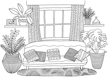 Premium vector cozy living room coloring page living room interior design cute coloring book for children and adults