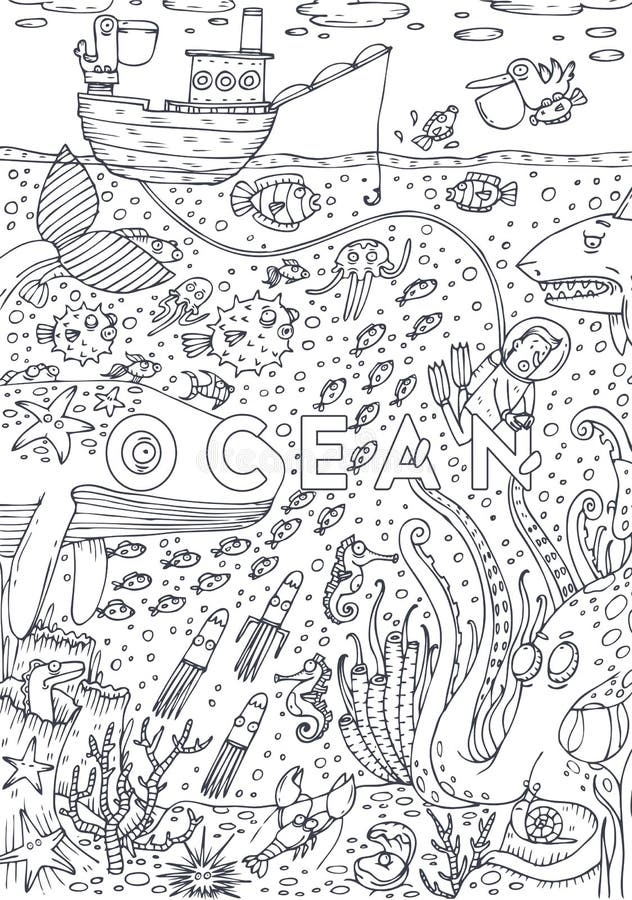 Under water sea life drawn in line art style coloring book page design stock vector