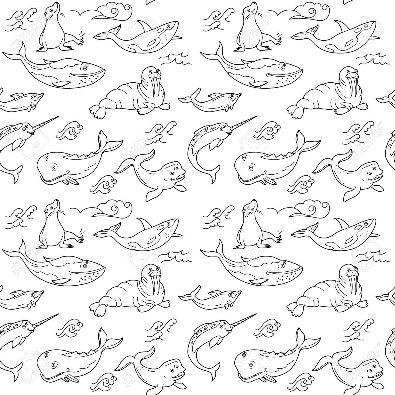 Endless texture with cute funny animals living in ocean and water seamless pattern for kid design and coloring book royalty free svg cliparts vectors and stock illustration image