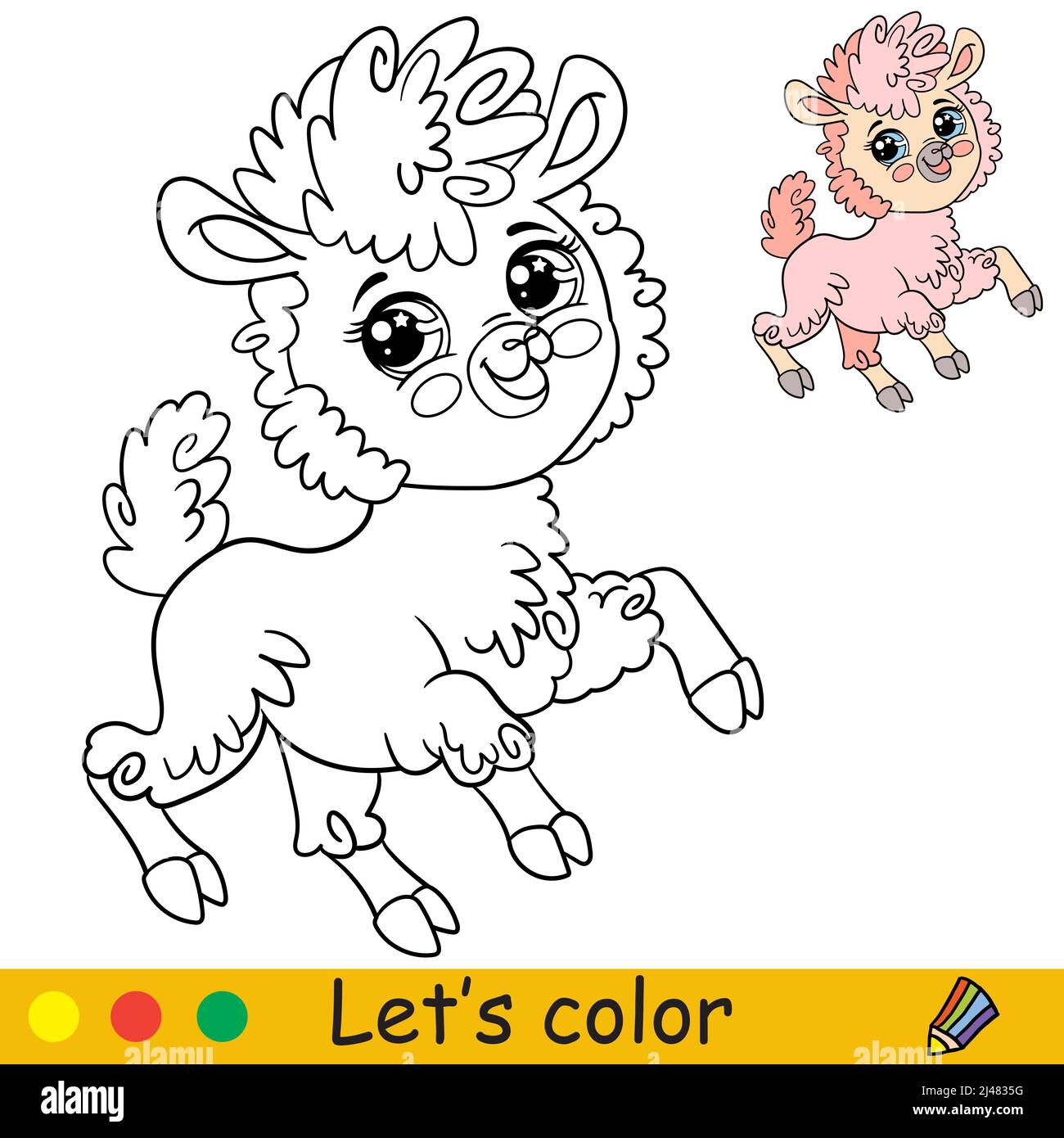 Cartoon cute happy llama coloring book page with colorful template for kids vector isolated illustration for coloring book print game party des stock vector image art