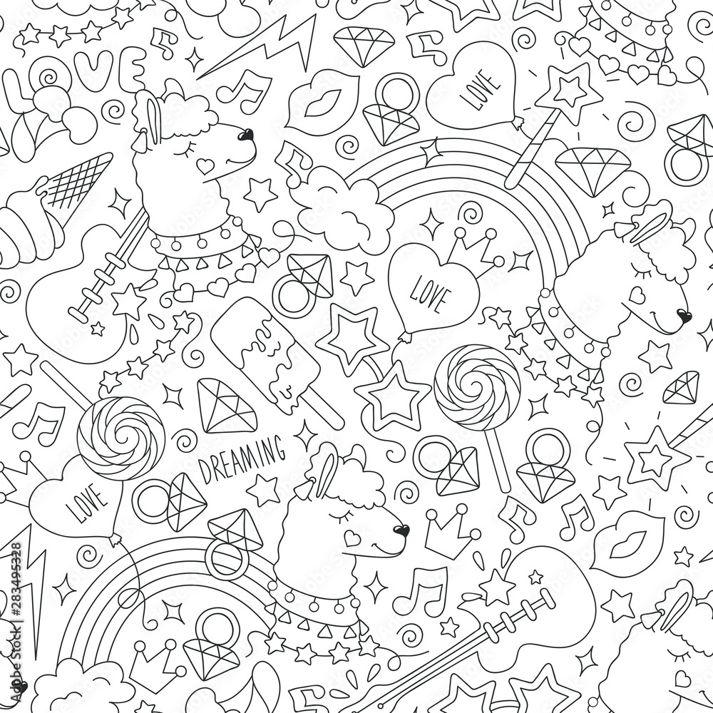 Coloring page cute llama pattern on a white background fashion illustration drawing in modern style for clothes black and white abstract outline seamless pattern vector