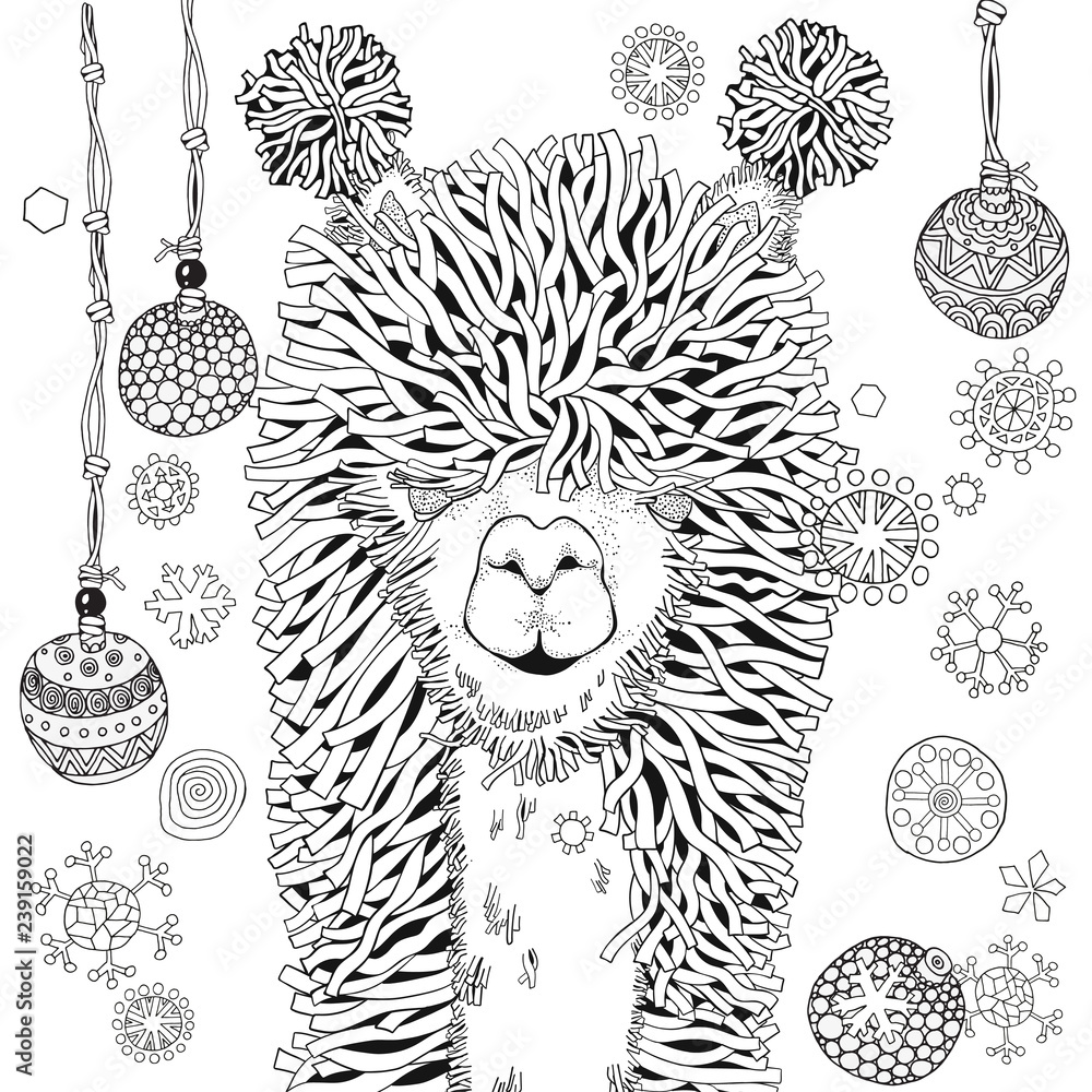 New year winter llama coloring book page for adult and children in doodle style black and white background hand