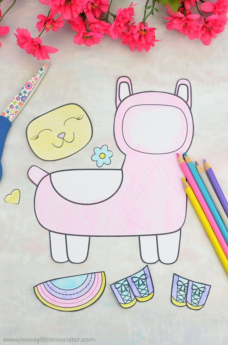 Mix and match llama coloring page craft