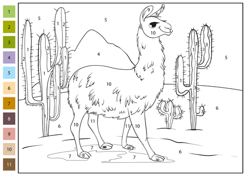 Llama color by number coloring page free printable coloring pages