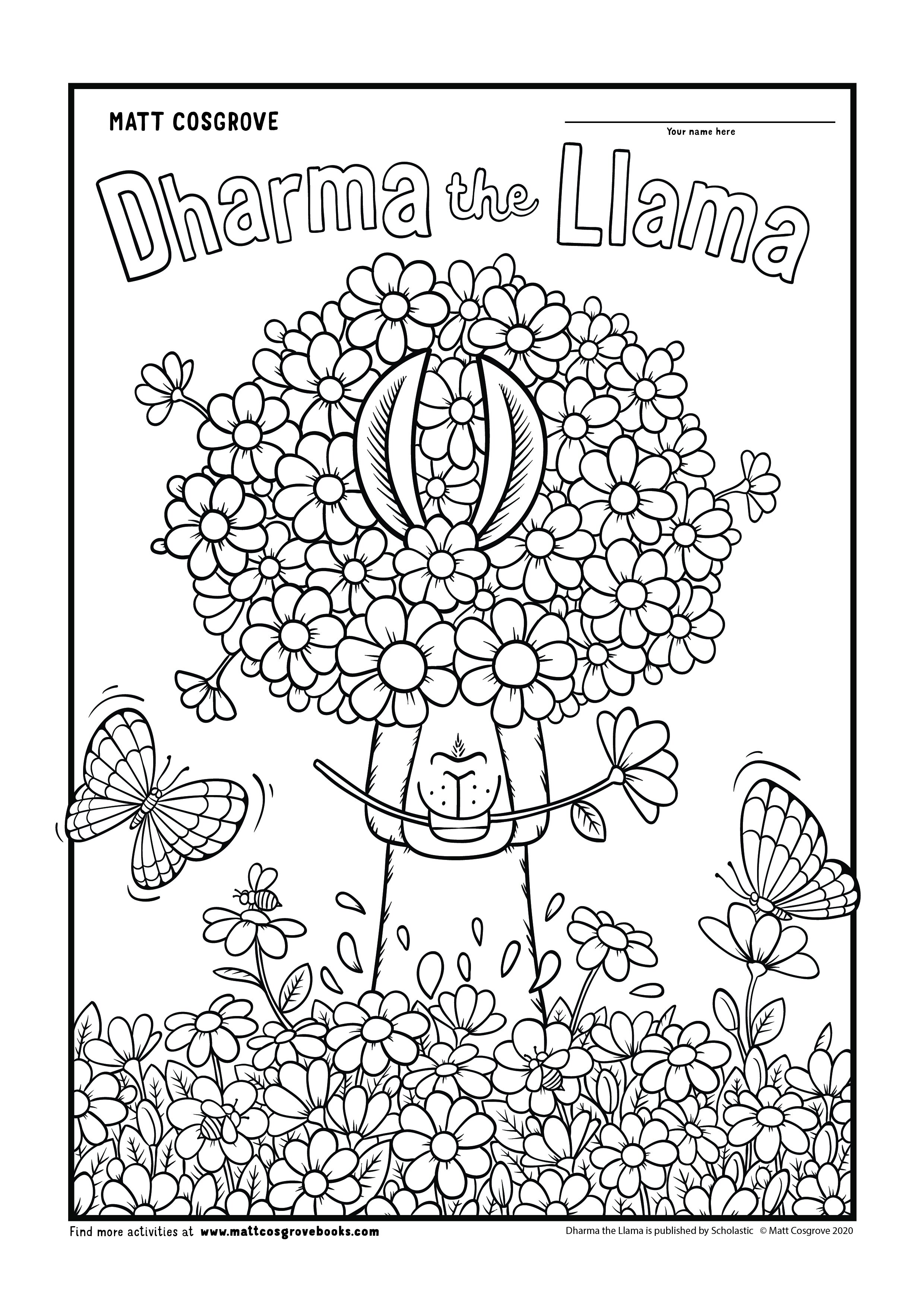 Dharma the llama colouring in activities â matt cosgrove