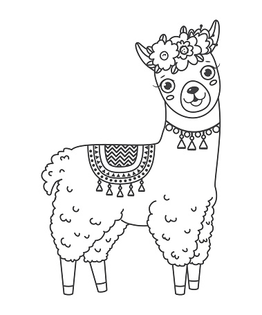 Cute outline doodle jumping llama with hand drawn elements stock illustration