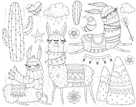 Llama clipart illustration set cute alpaca clip art images digital stamps for coloring scrapbooking hand drawn llama pngs mountains
