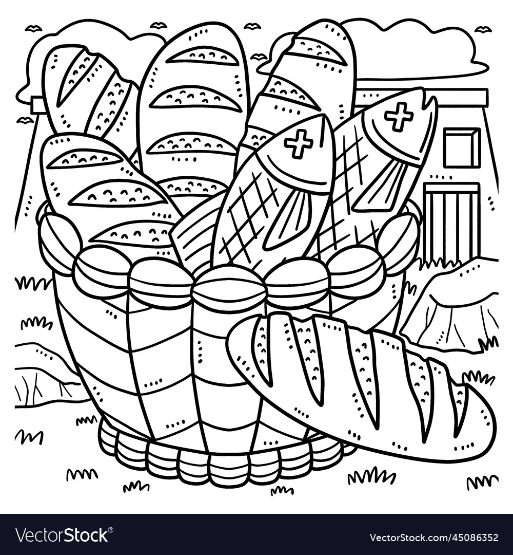 Christian five loaves and two fish coloring page vector image