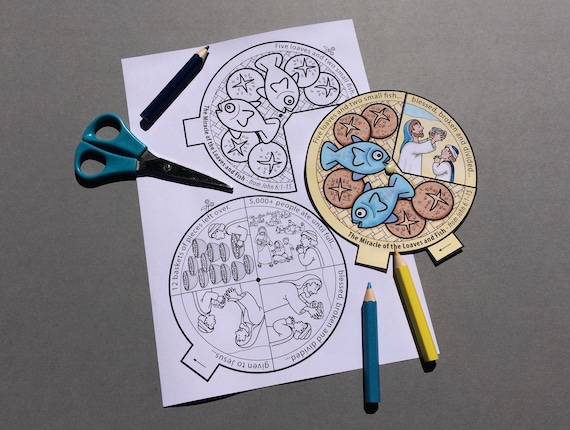 Jesus feeds the miracle of the loaves and fish colour in story wheel with colouring page and word search based on john