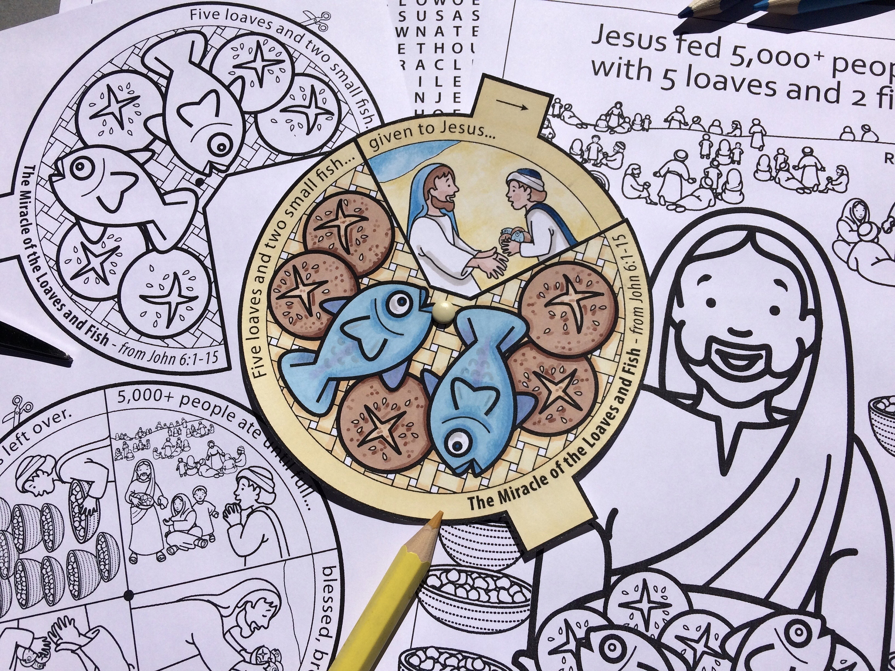 Jesus feeds the miracle of the loaves and fish colour in story wheel with colouring page and word search based on john