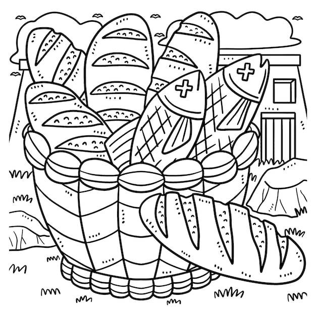 Premium vector christian five loaves and two fish coloring page