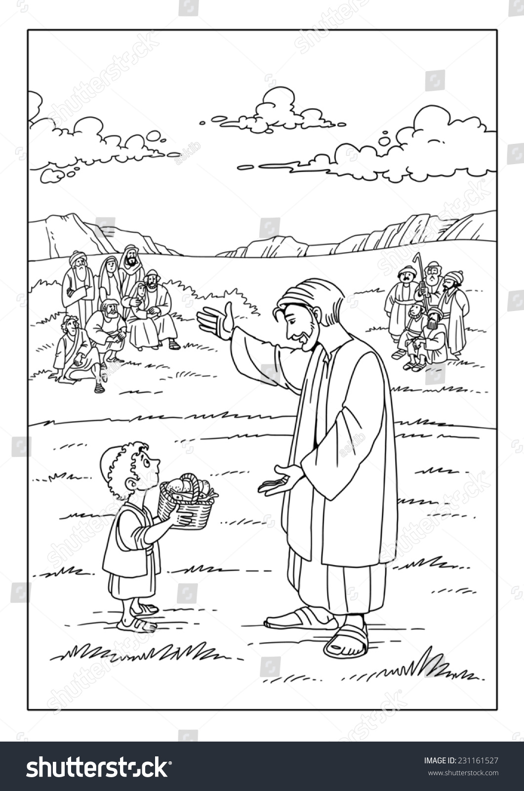 Boy brings jesus basket loaves fishes stock illustration