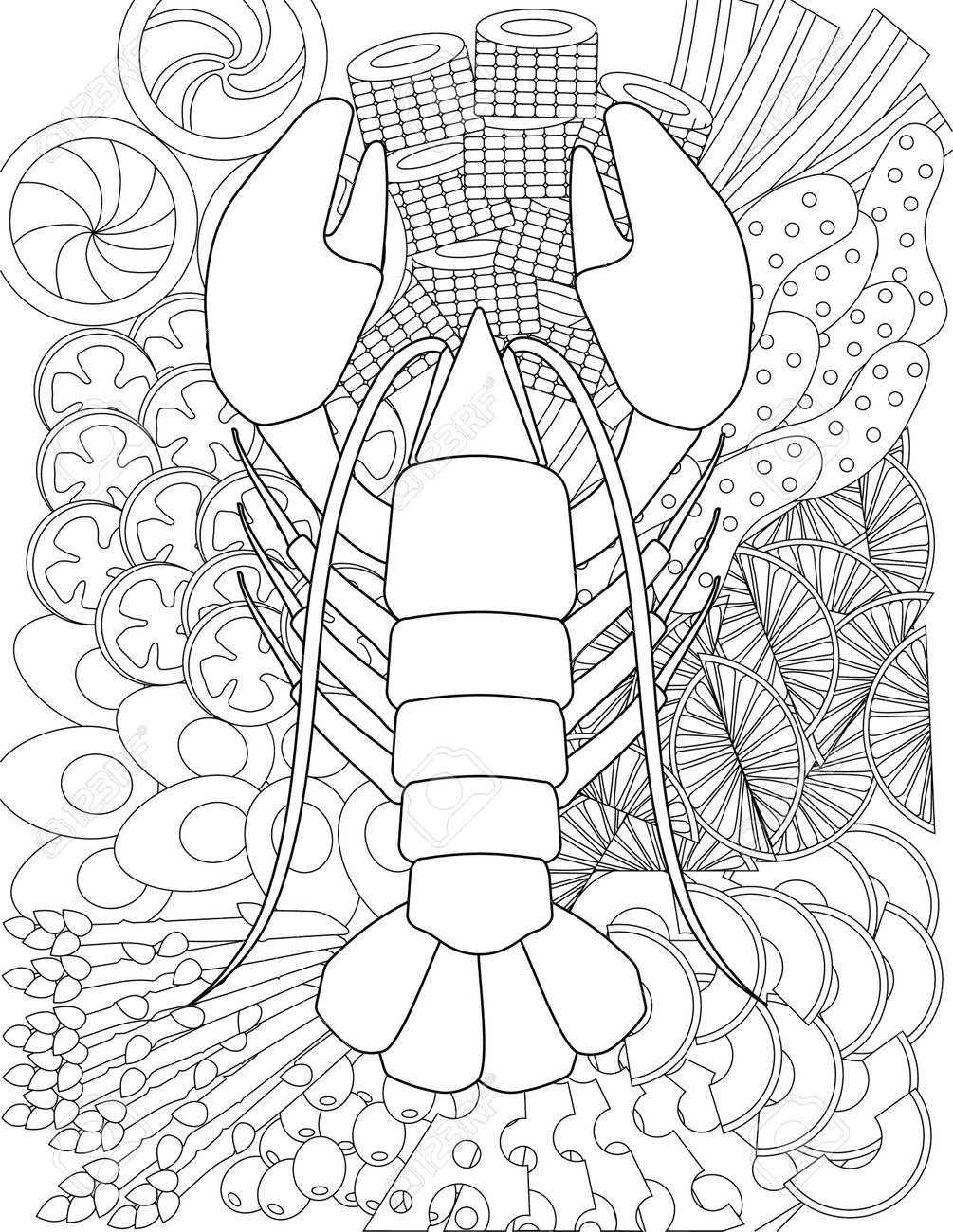 Coloring book page with crab ready for cooking above different food sheet to be colored with sea creature for baking over sushi eggs lemons tomatoes olives and cheese royalty free svg cliparts