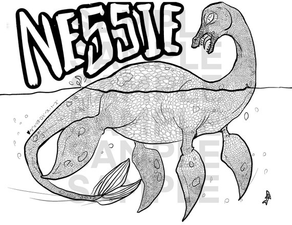 Loch ness monster nessie cryptid adult coloring page stress relief fun relaxing silly monster illustration cryptids monsters legends