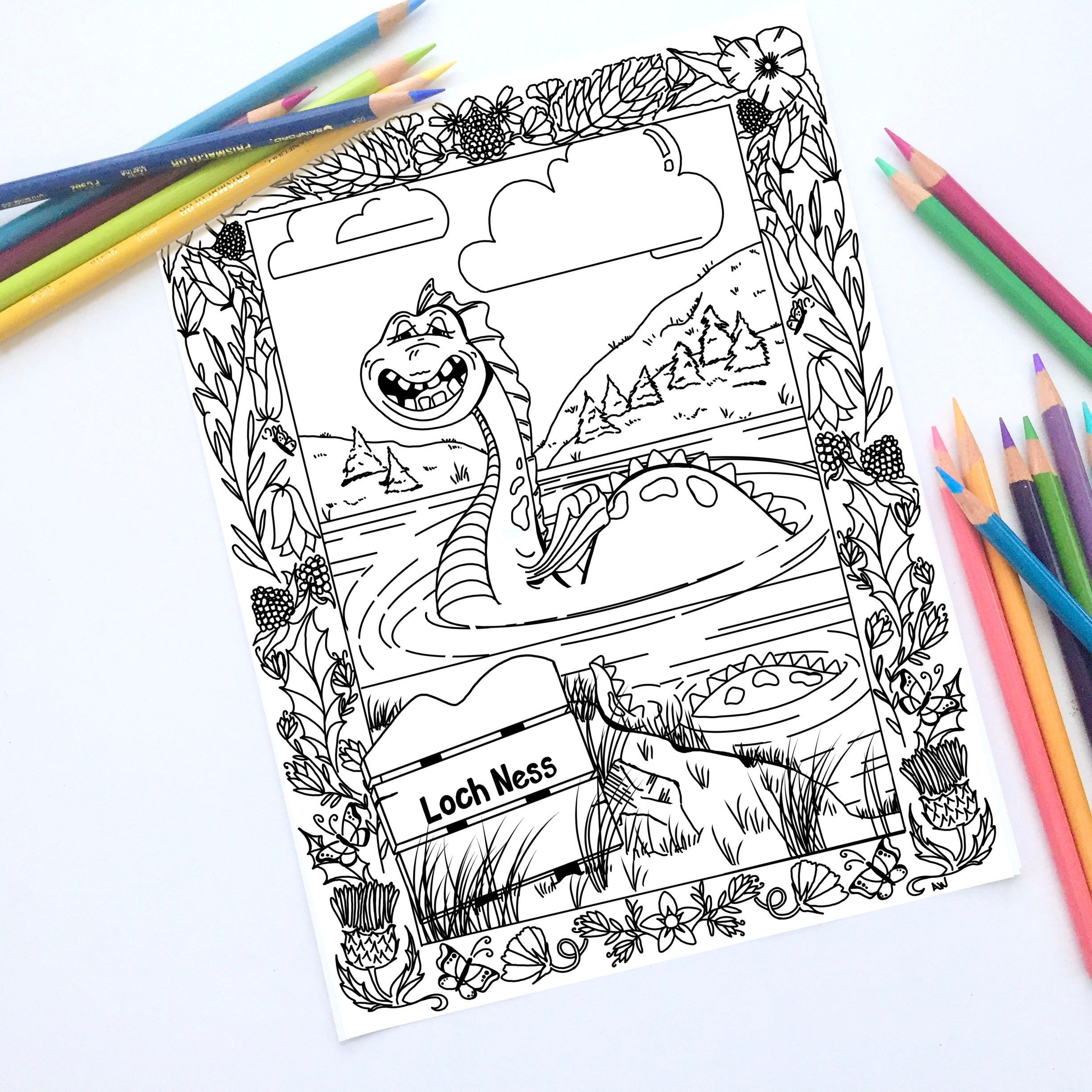 Printable coloring page loch ness monster coloring sheet nessi coloring page instant digital download