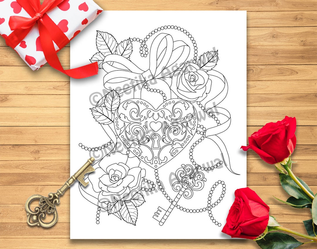 Heart lock and key valentine adult coloring page valentines day coloring page printable coloring page digital download