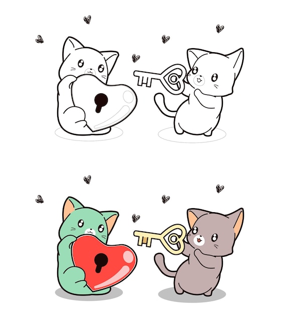 Premium vector cute cat is holding heart lock and other cat is holding the key coloring page for kids