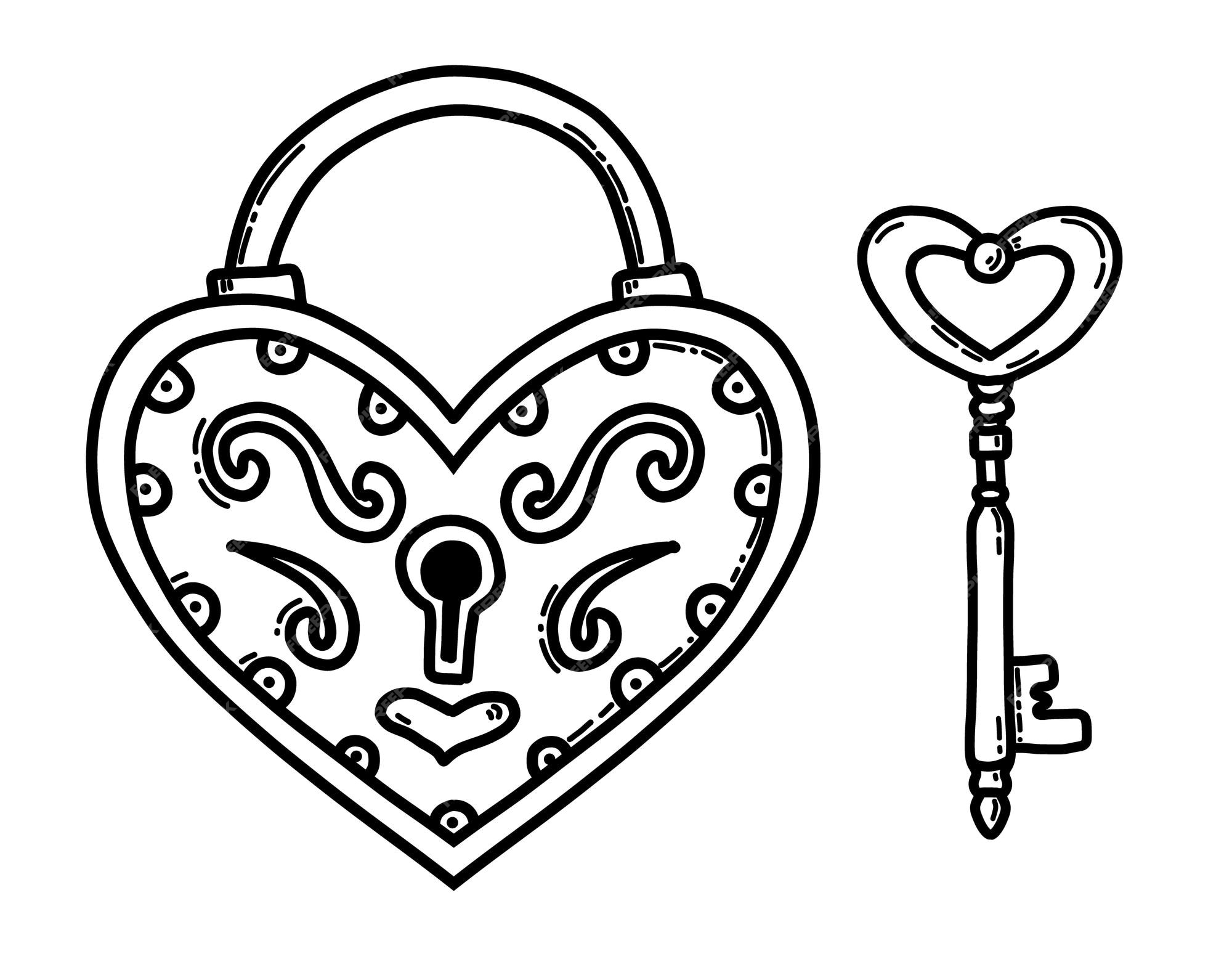 Premium vector key and heart shape lock vector iron padlock in vintage sketch style hand drawn illustration