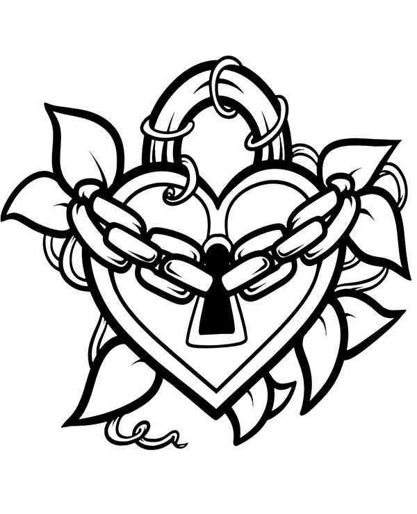 Tattoo design presenting padlock chain and heart picture to color coloring book art heart coloring pages coloring books