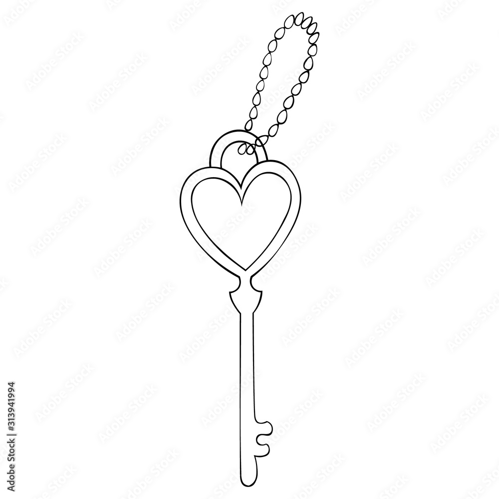 Heart shaped key lock the lock of love keychain made of metal chain vector colorless background coloring book for children illustration for valentine day holiday print vector
