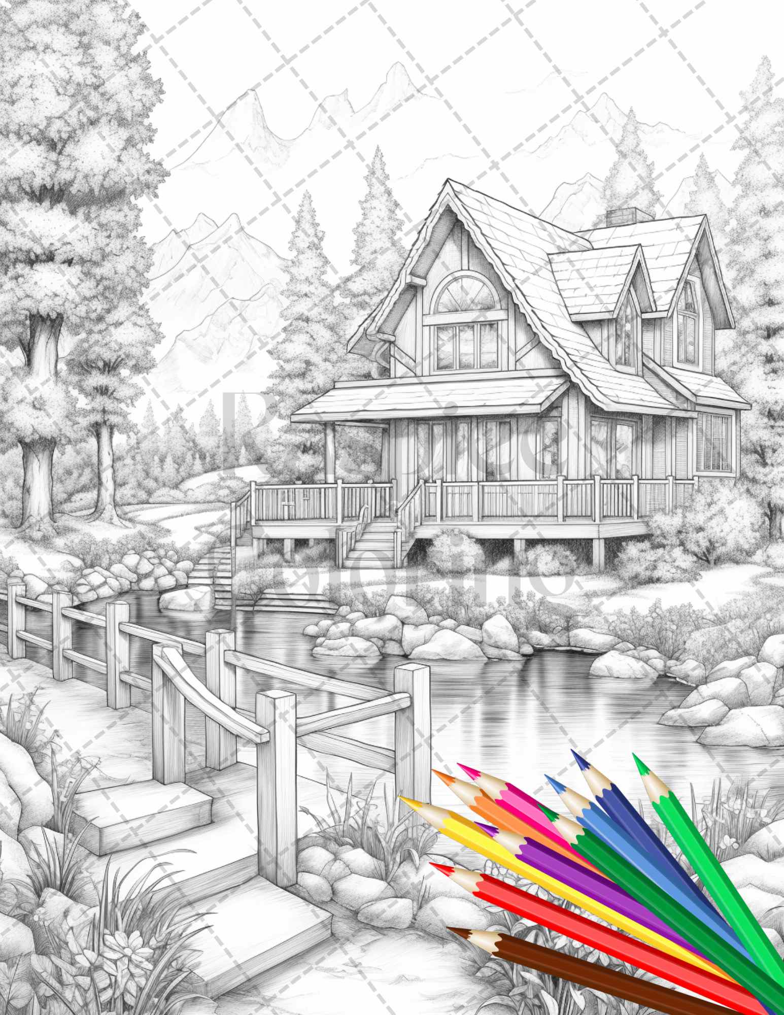 Lake cabin scenery grayscale coloring pages printable for adults pdf â coloring