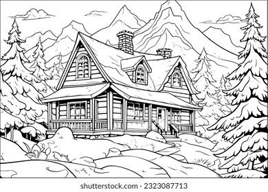 Coloring page adult kids wooden cabin stock vector royalty free
