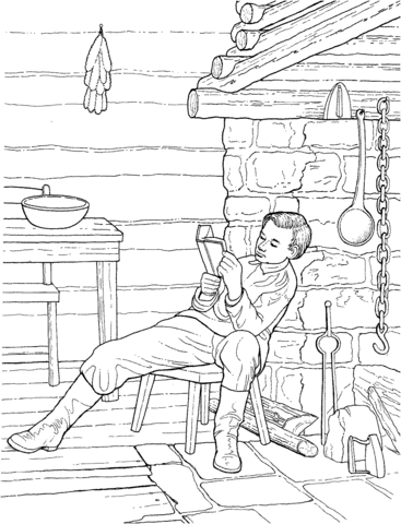 Boy abe lincoln reading in a log cabin coloring page free printable coloring pages