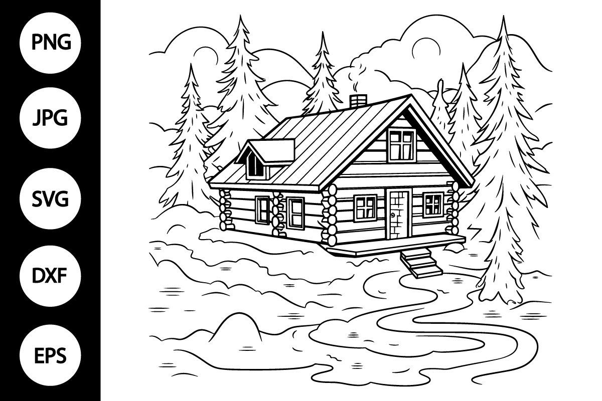 Outline winter cabin svg coloring page
